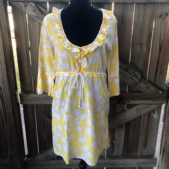 Mud Pie Bag Lady Yellow & White Cotton Beach Cover Up Drawstring Waist Size L - Picture 1 of 4